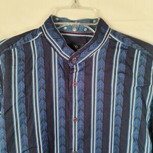 Bugatchi Uomo Men's Large Band Collar Shirt Blue Chevron Striped Long Sleeve